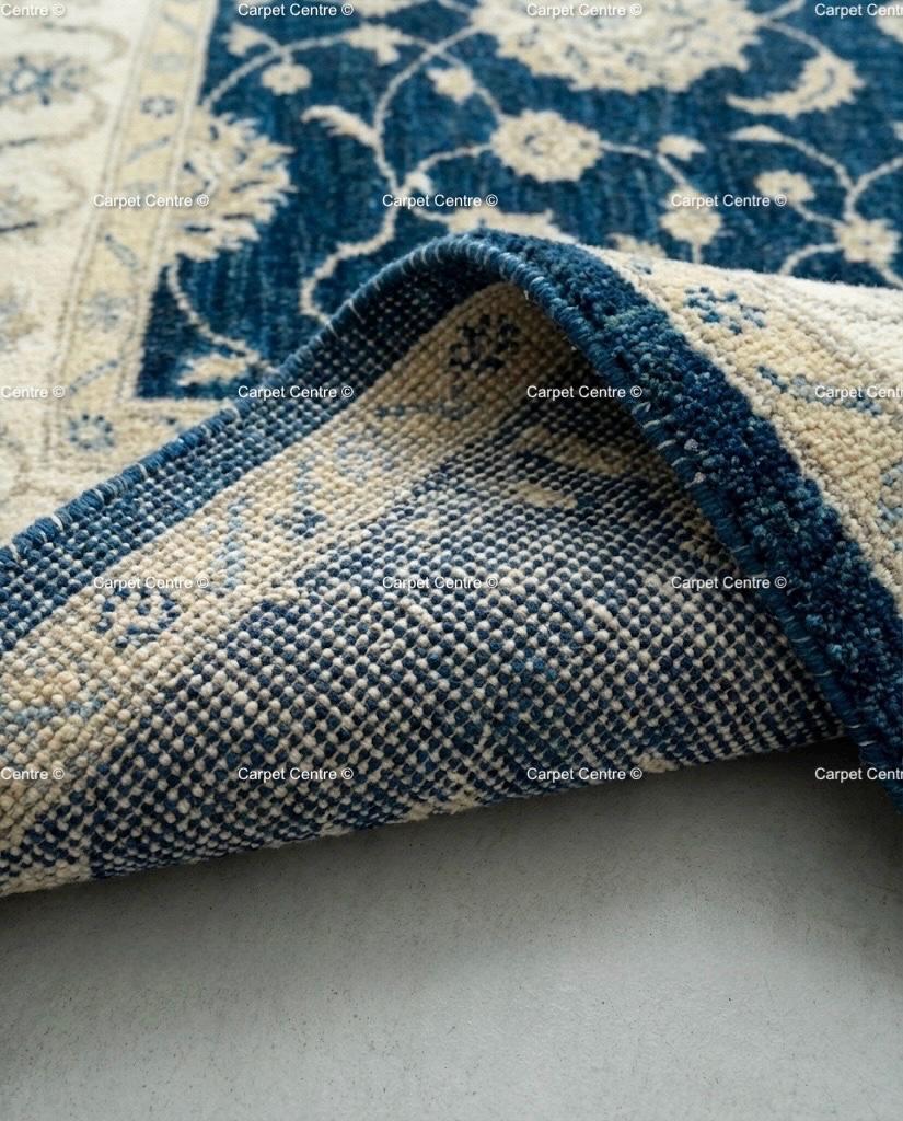 Navy Blue Oushak Rug, Hand-Knotted Wool, Ivory Floral Turkish Knot
