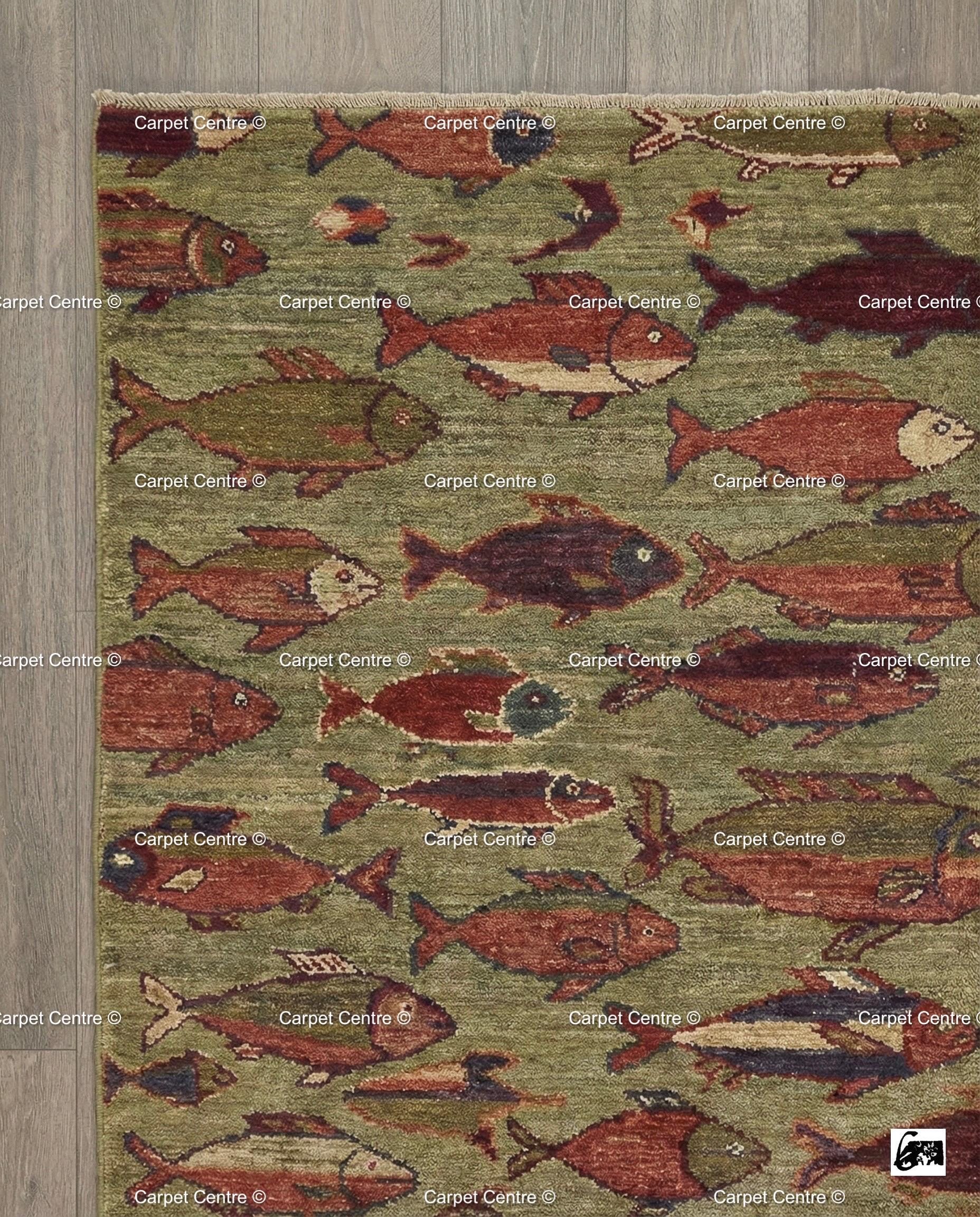 Hand Knotted Wool Fish Rug, Turkish Oushak Style, Lake House Decor