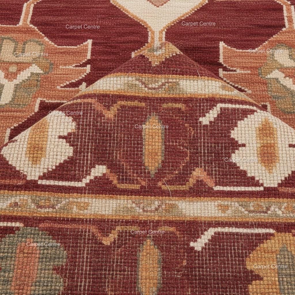 Handwoven Burgundy Oushak Wool Rug: Medallion Floral Design