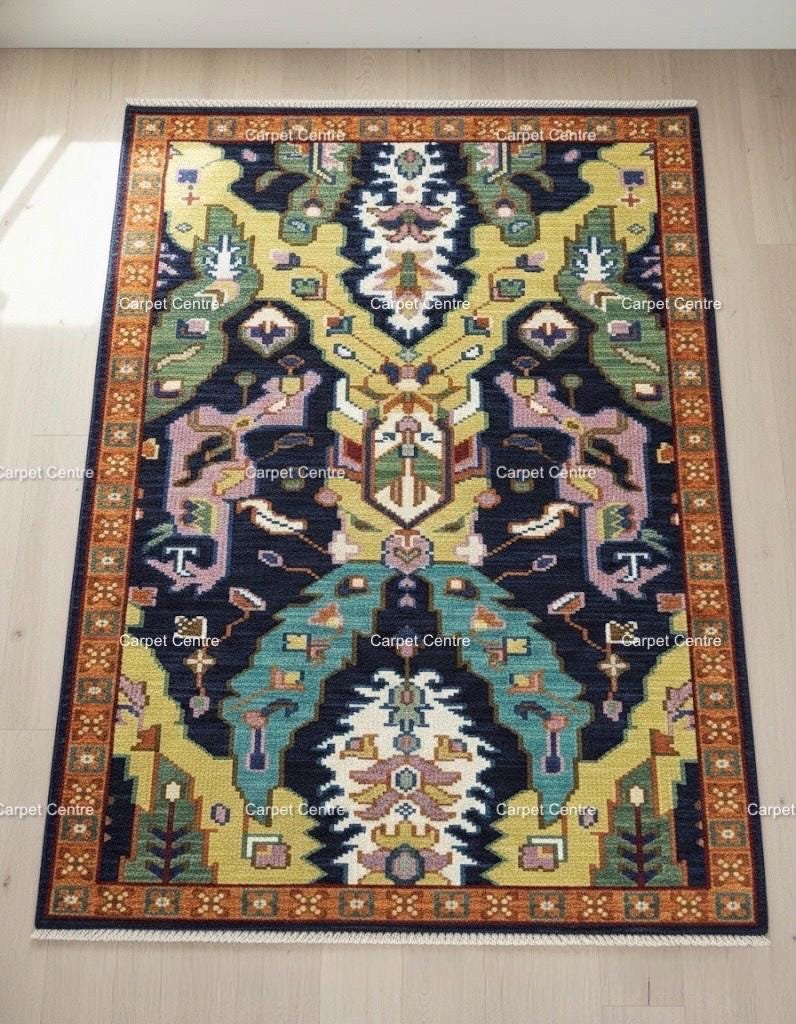 Navy Blue Oushak Rug, Hand-Knotted Wool, Geometric Boho Rug