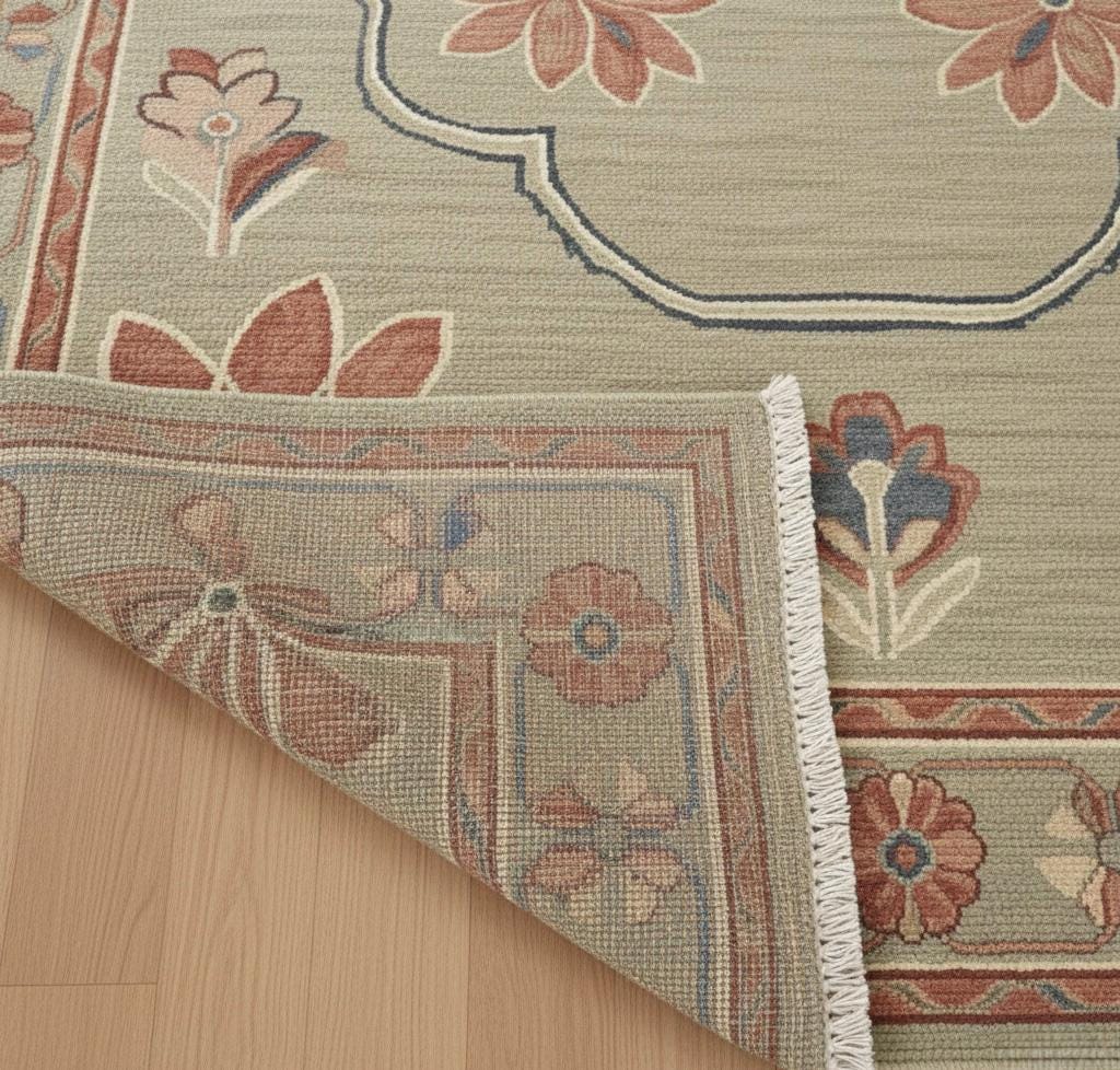 Handwoven Oushak Wool Rug: Sage Green Rust Floral