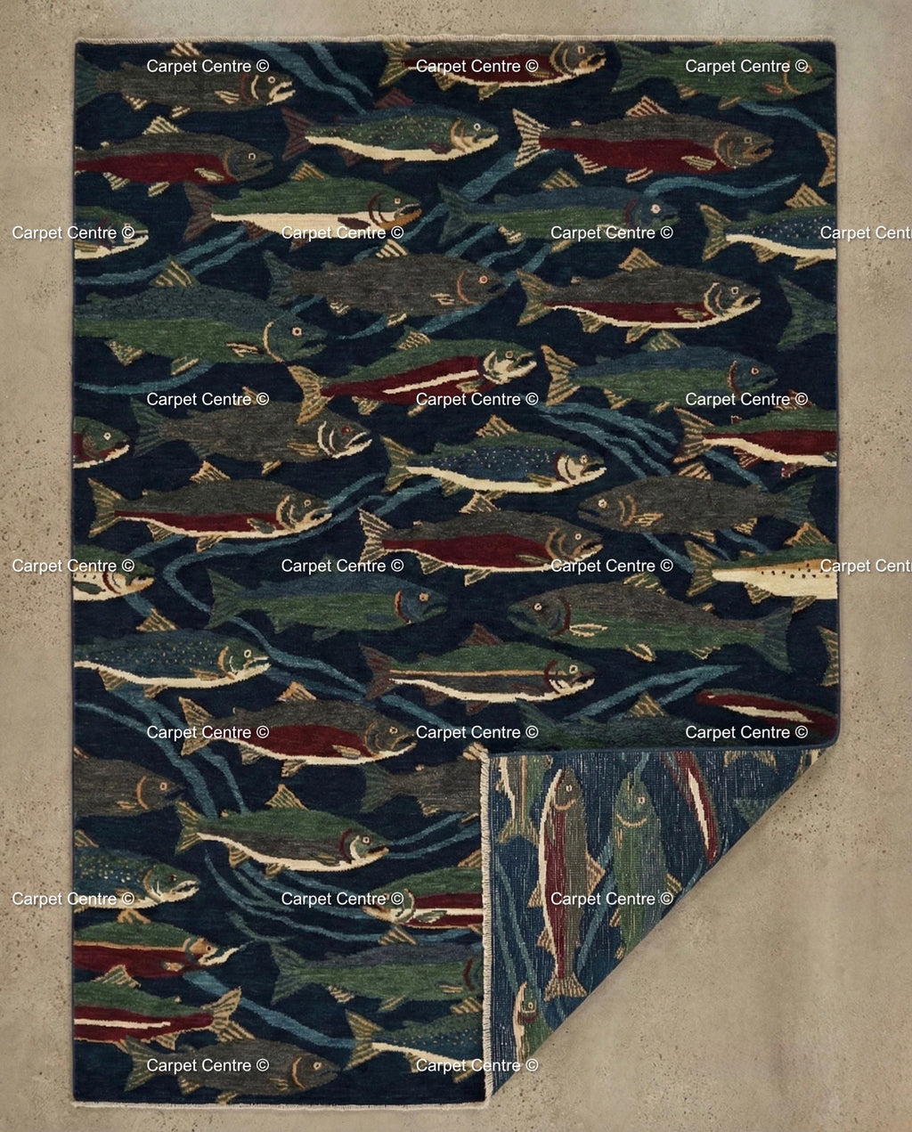 Hand Knotted Oushak Wool Rug, Navy Blue Fish, Cabin Lodge Decor