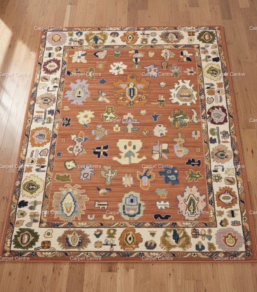 Terracotta Oushak Wool Rug, Hand-Knotted Boho Area Rug