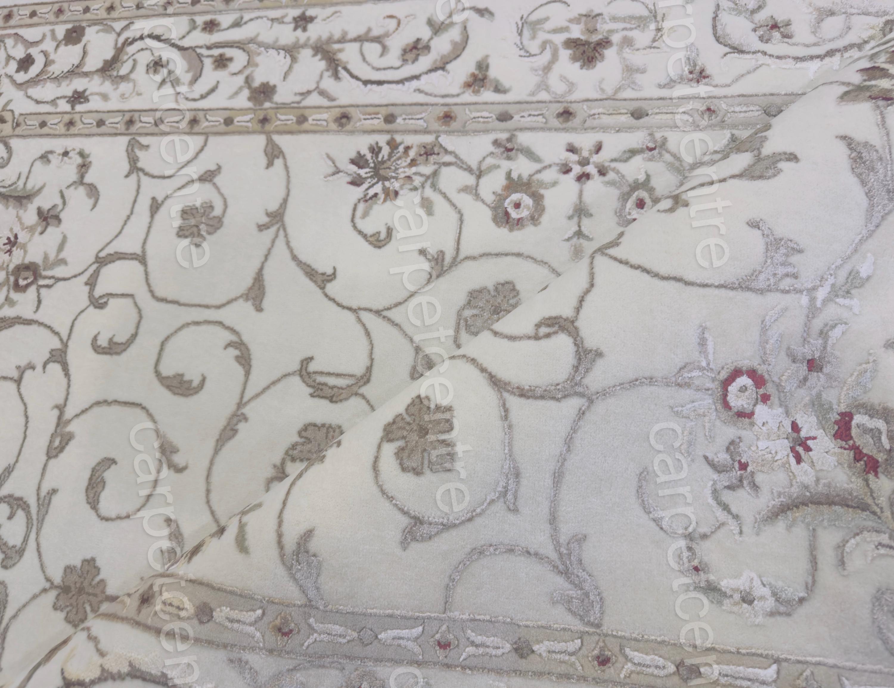 Handwoven Ivory Wool Rug: Persian Floral Art Silk Design