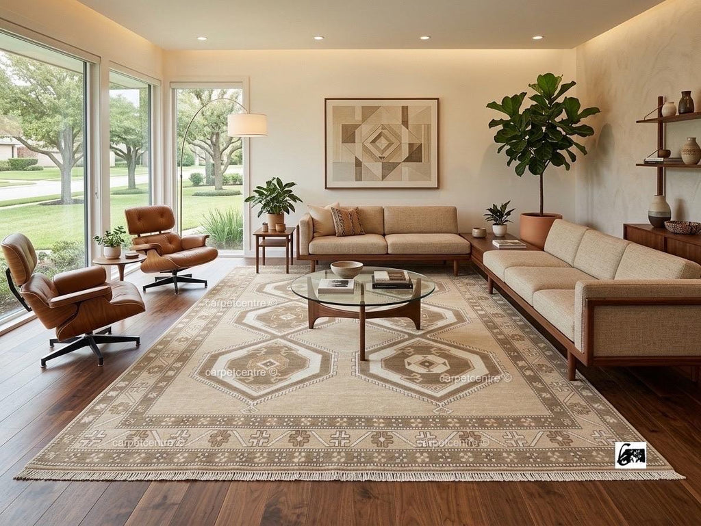 Handknotted Oushak Rug | Neutral Beige Wool Turkish Tribal Carpet