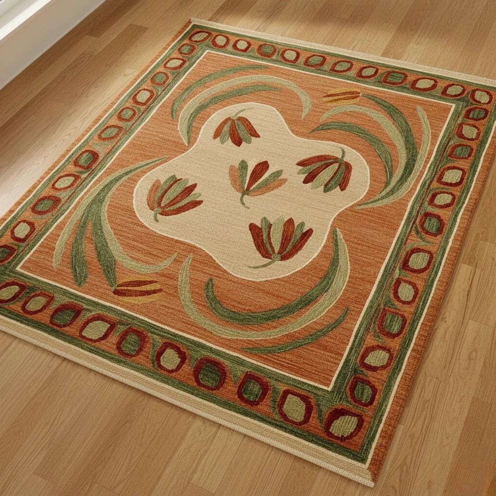 Handwoven Oushak Wool Rug: Terracotta Sage Green Floral Medallion