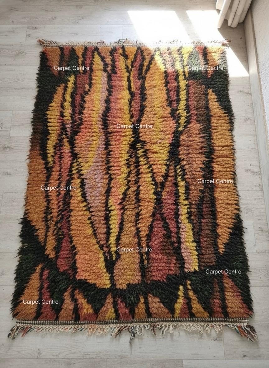 Handmade Moroccan Shag Rug, Rust Orange Wool Tulu Rug, Geometric Boho Decor