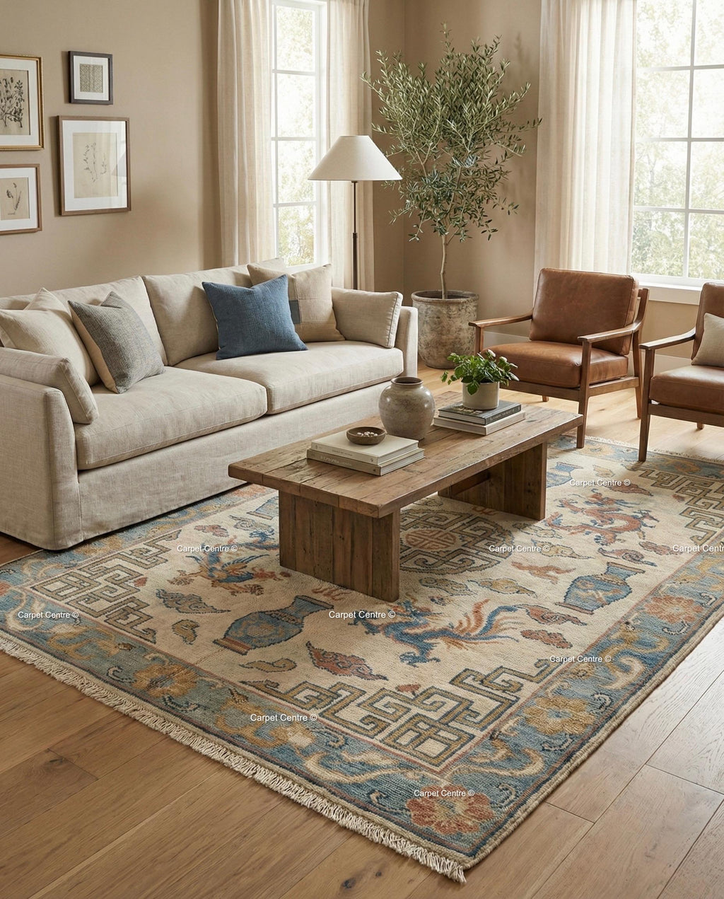 Hand Knotted Wool Rug, Beige Chinoiserie Dragon Phoenix Motif