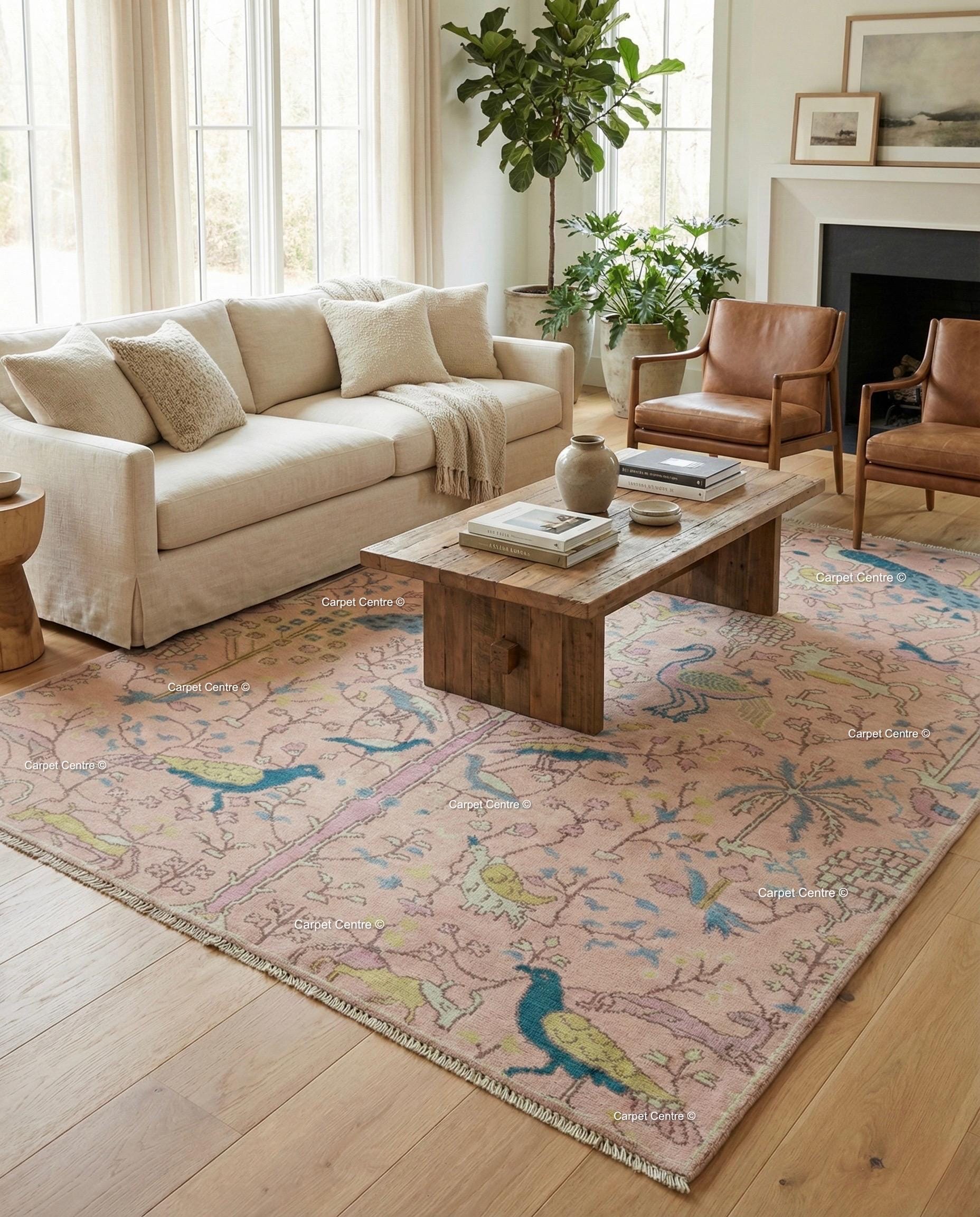 Blush Pink Wool Oushak Rug, Hand-Knotted Tree of Life Animal Nursery Rug