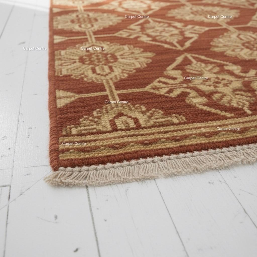 Hand-Knotted Terracotta Wool Runner Rug, Oushak Geometric Hallway Rug