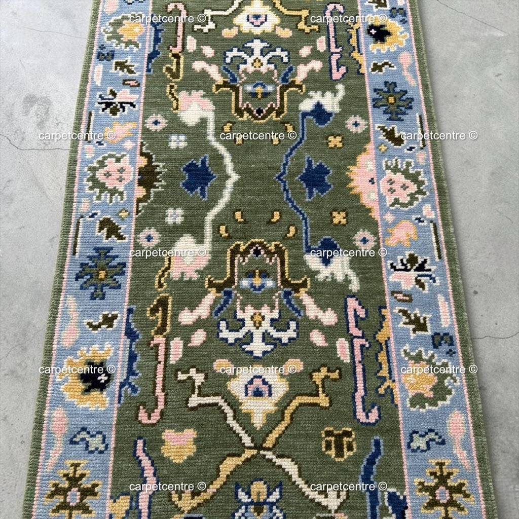 Sage Green Oushak Wool Runner, Floral Hallway Rug, Boho Kitchen Mat