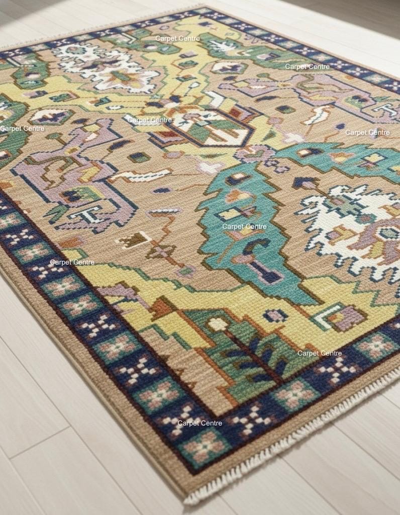 Hand-Knotted Oushak Wool Rug, Teal & Tan Geometric Kilim Design