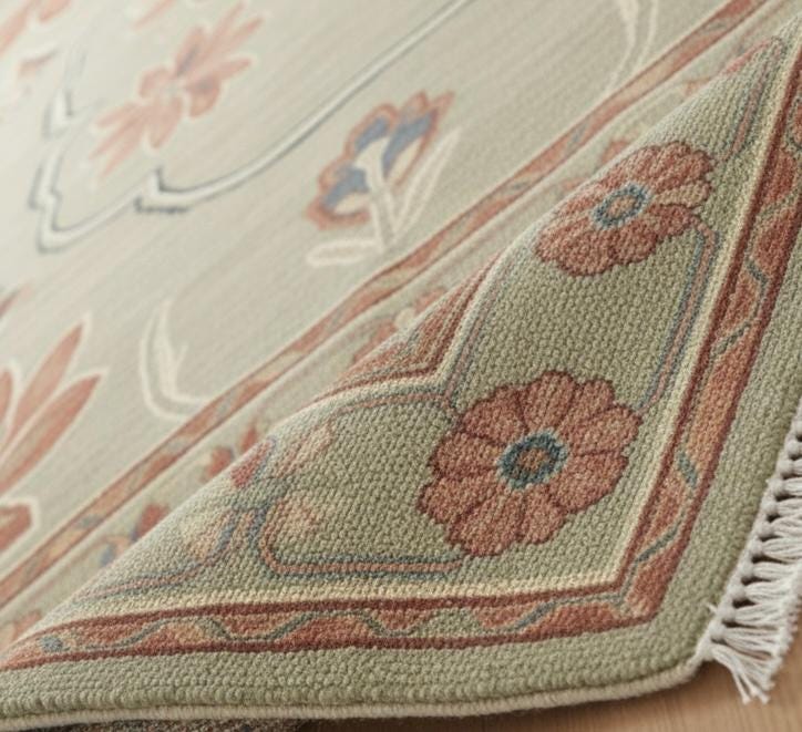 Handwoven Oushak Wool Rug: Sage Green Rust Floral