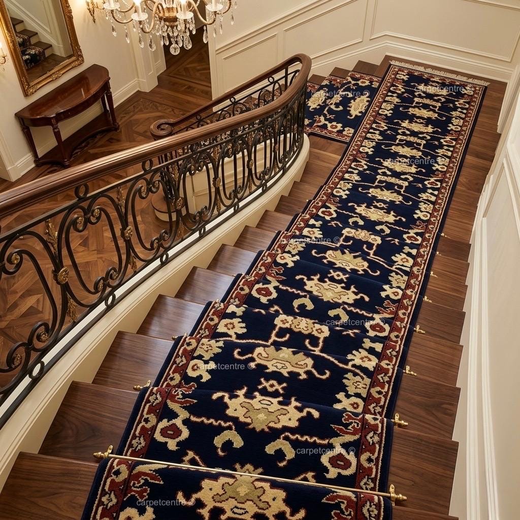 Hand-Knotted Wool Runner Rug, Navy Blue Tribal Design, Traditional Hallway Entryway Carpet