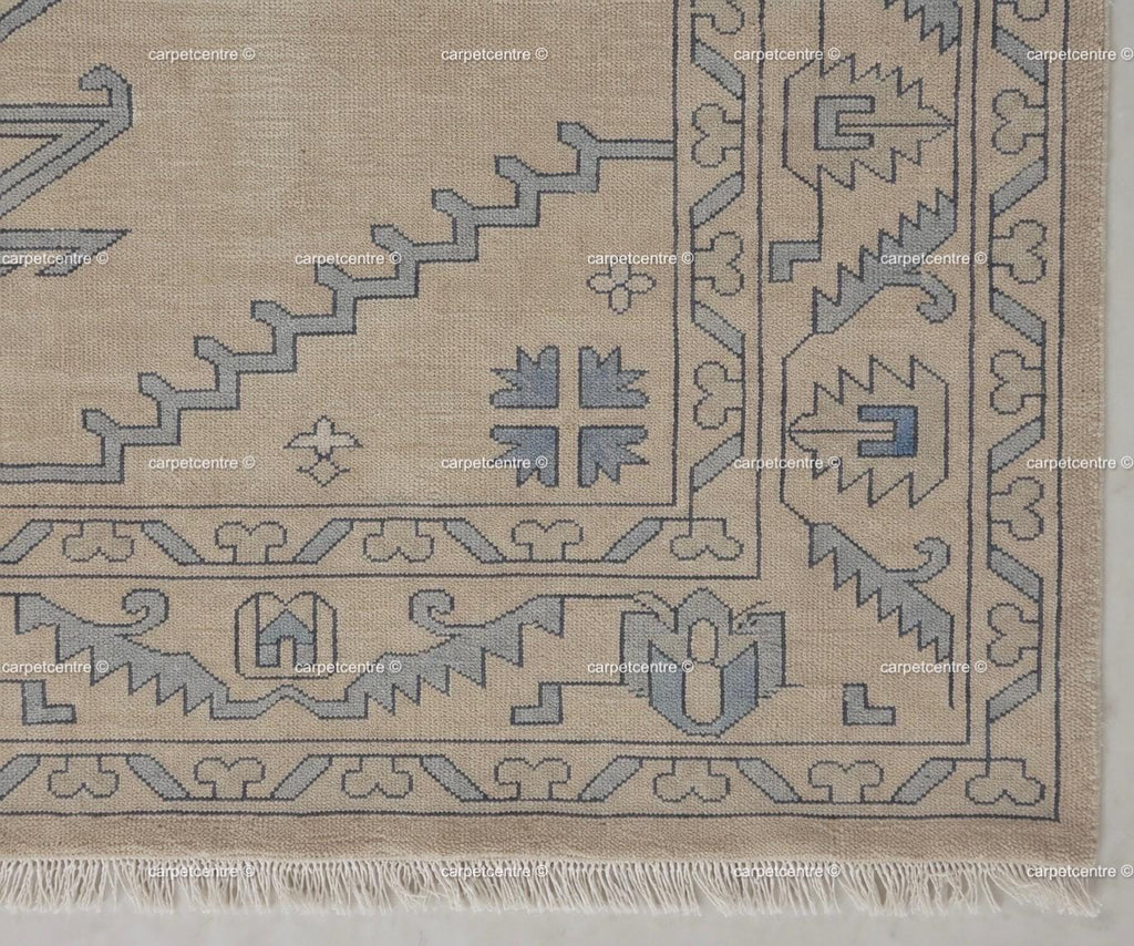 Hand Knotted Neutral Oushak Rug, Beige Blue Wool, Turkish Area Rug