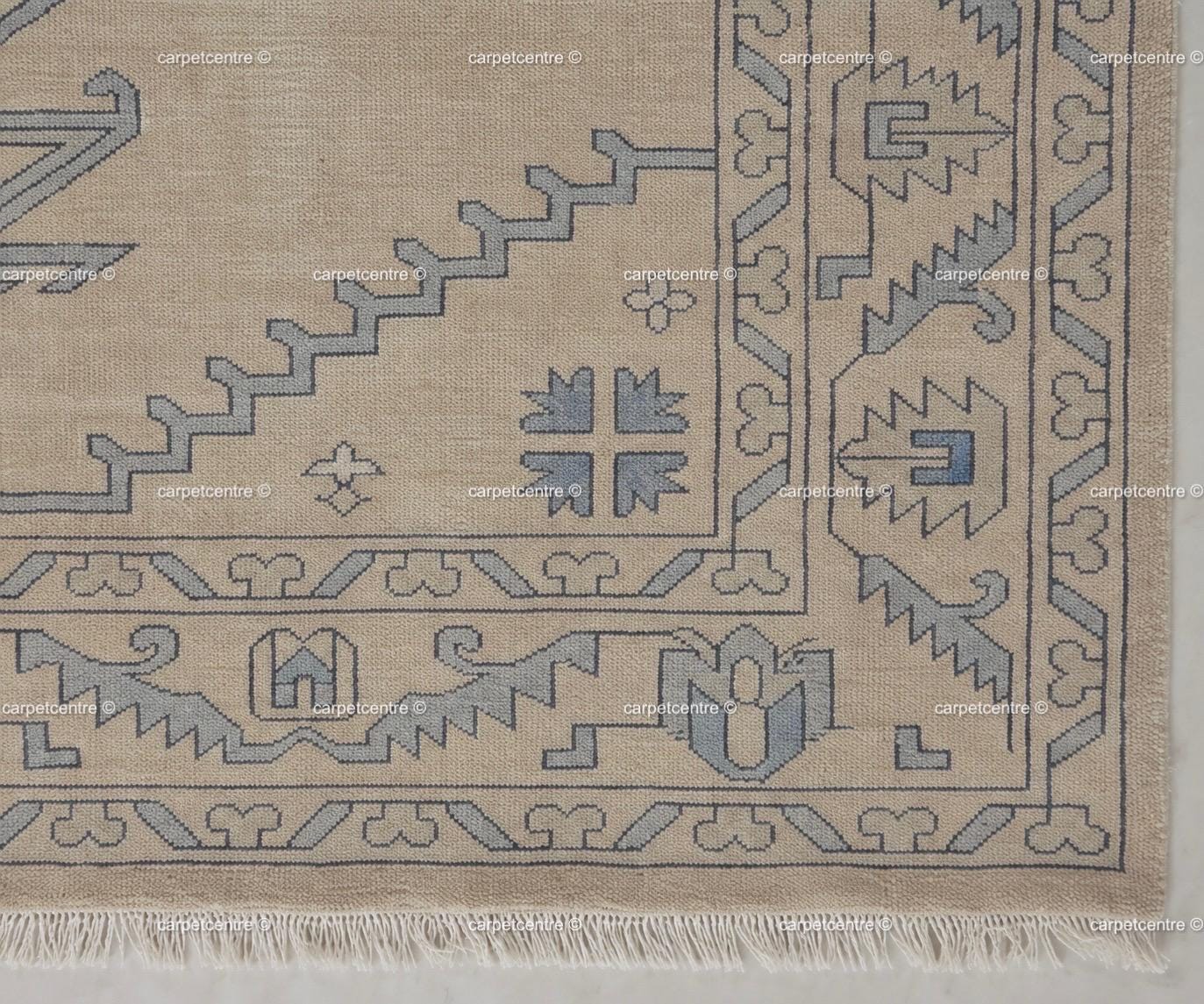 Hand Knotted Neutral Oushak Rug, Beige Blue Wool, Turkish Area Rug