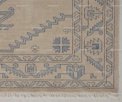 Hand Knotted Neutral Oushak Rug, Beige Blue Wool, Turkish Area Rug