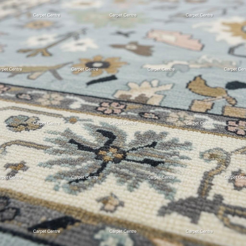 Light Blue Oushak Rug, Hand-Knotted Wool 8x10, Farmhouse Floral
