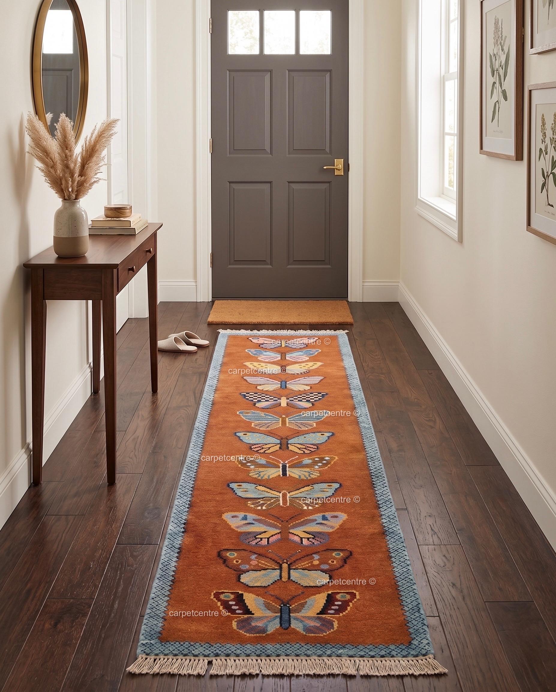 Handmade Wool Butterfly Runner Rug – Rust Orange Insect Motif Carpet