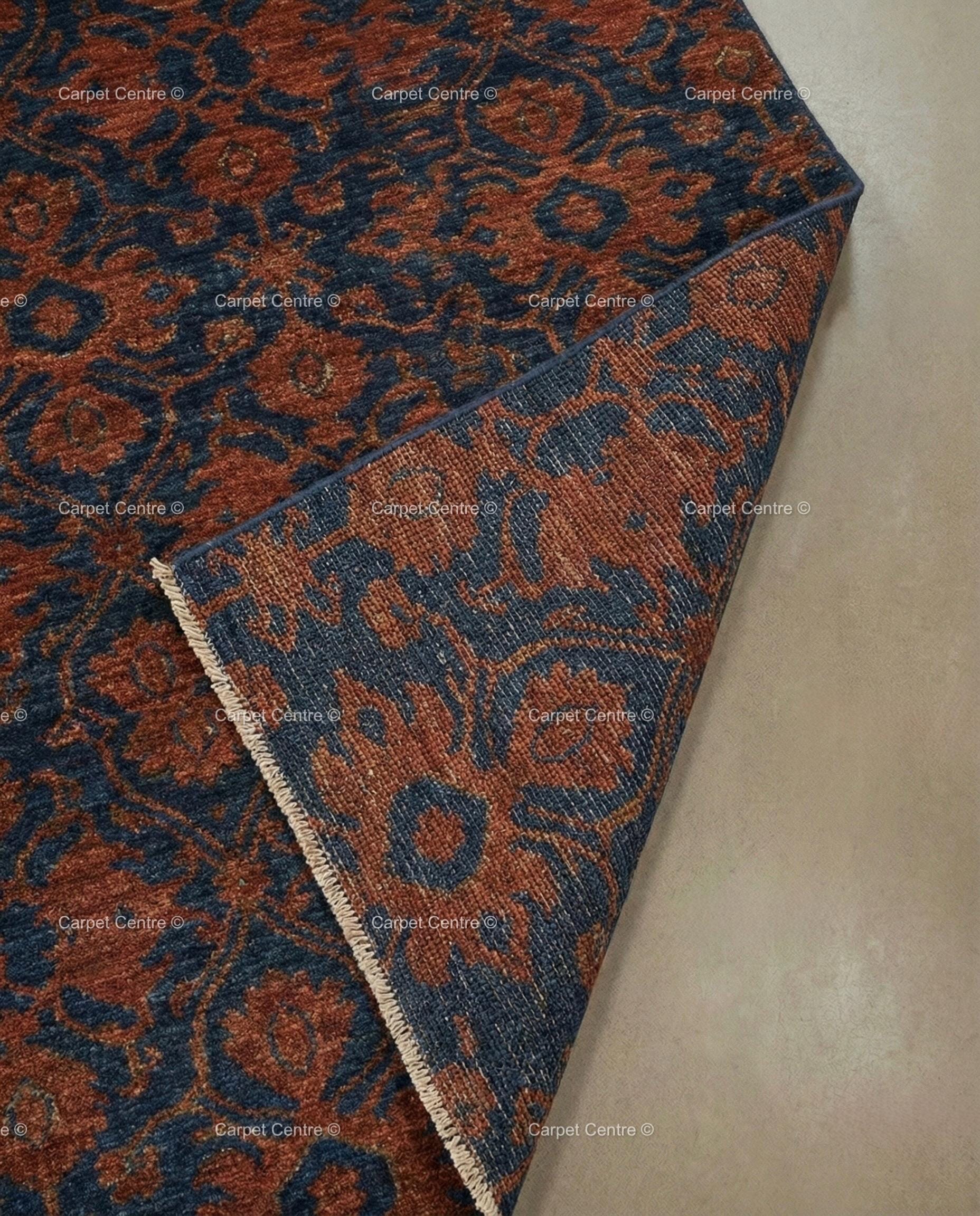 Hand Knotted Wool Rug, Navy Blue Oushak Runner, William Morris Style
