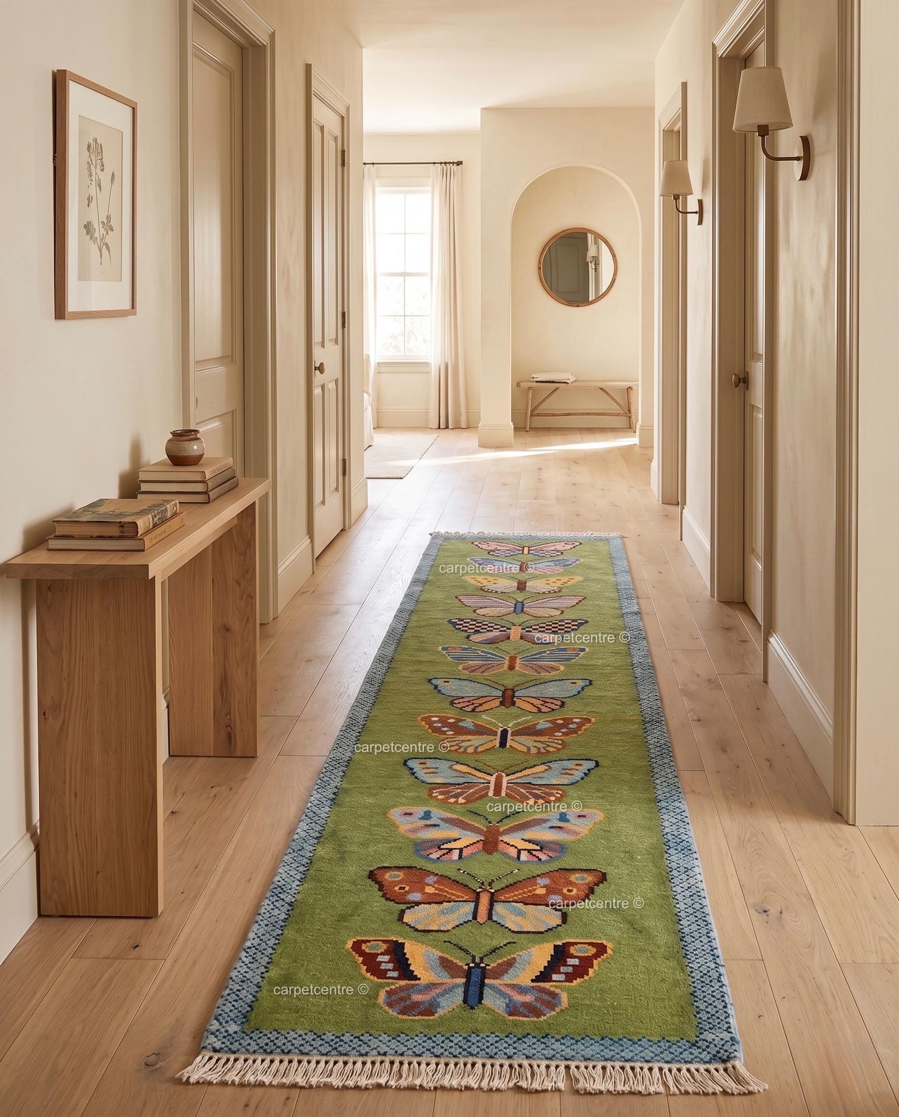 Handmade Wool Butterfly Runner Rug | Colorful Hallway Carpet, Custom Sizes