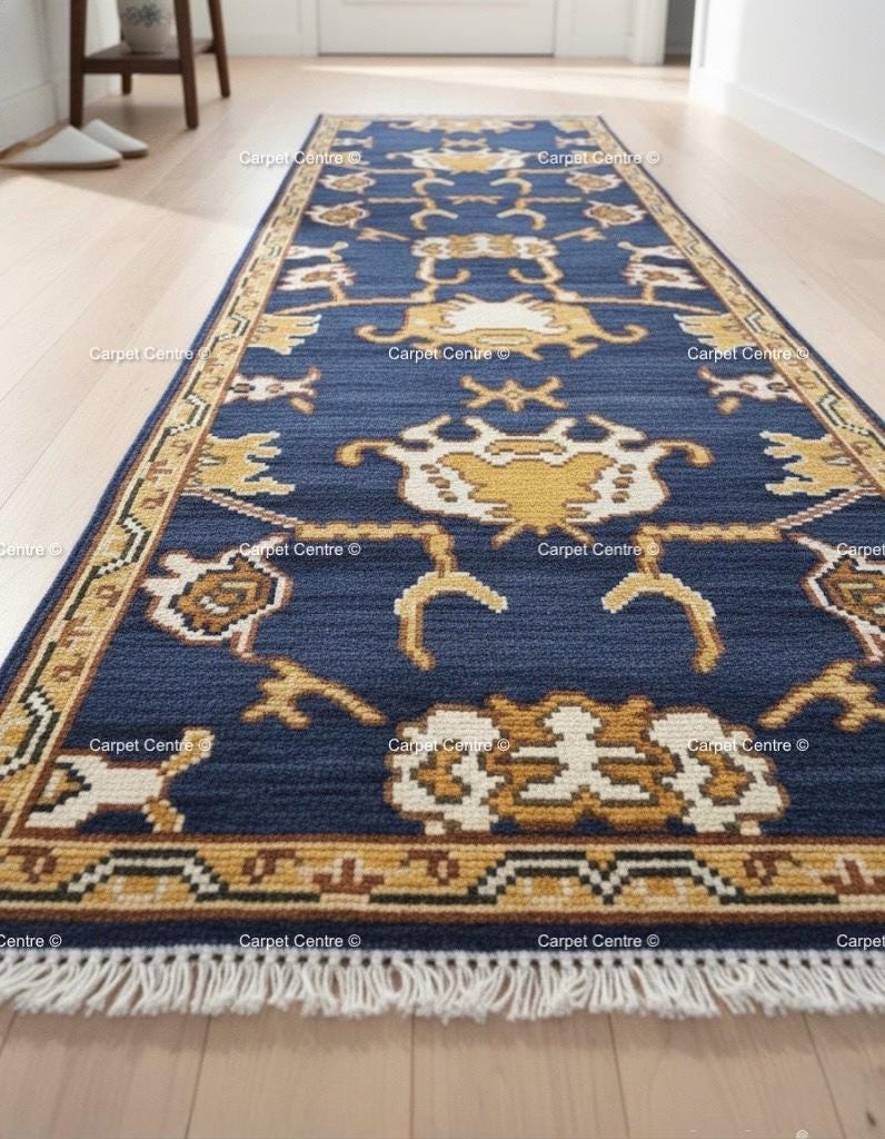 Navy Blue Oushak Runner Rug, Hand-Knotted Wool, Geometric Persian Style