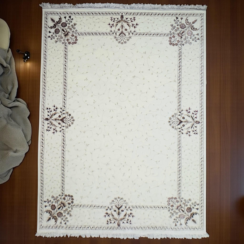 Handwoven Wool Art Silk Rug: Ivory Floral Border (11'3" x 8'3")