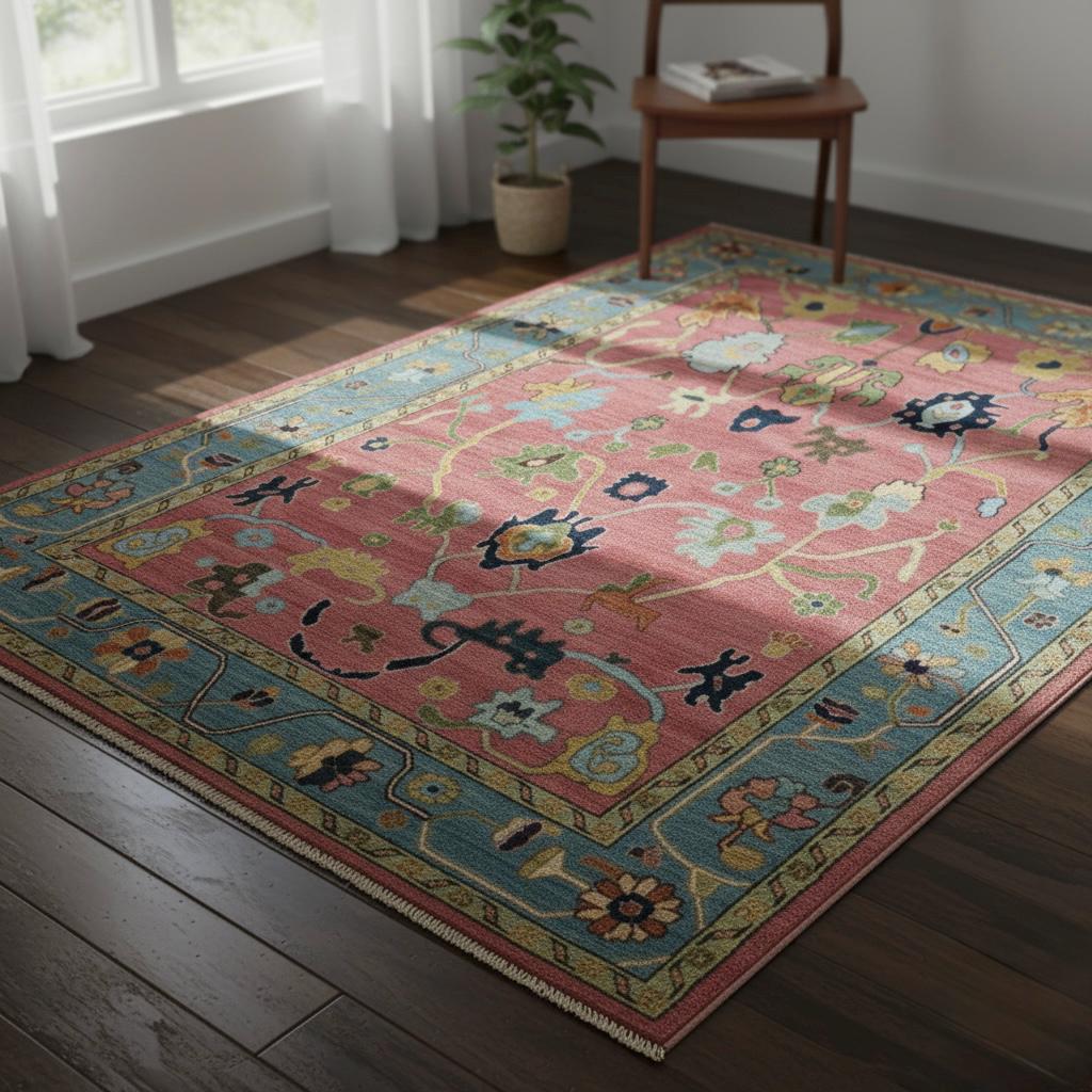 Hand-Knotted Oushak Wool Rug | Pink & Sky Blue Folk Floral