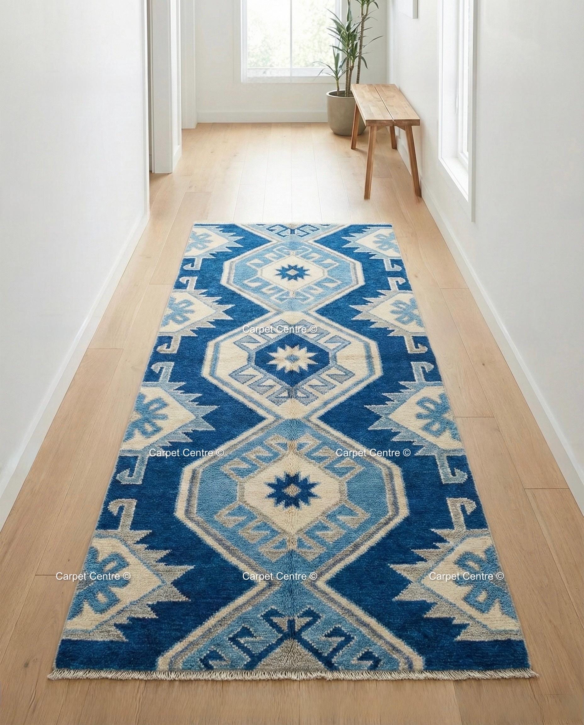 Royal Blue Wool Runner Rug, Hand-Knotted Oushak, Coastal Greek Star