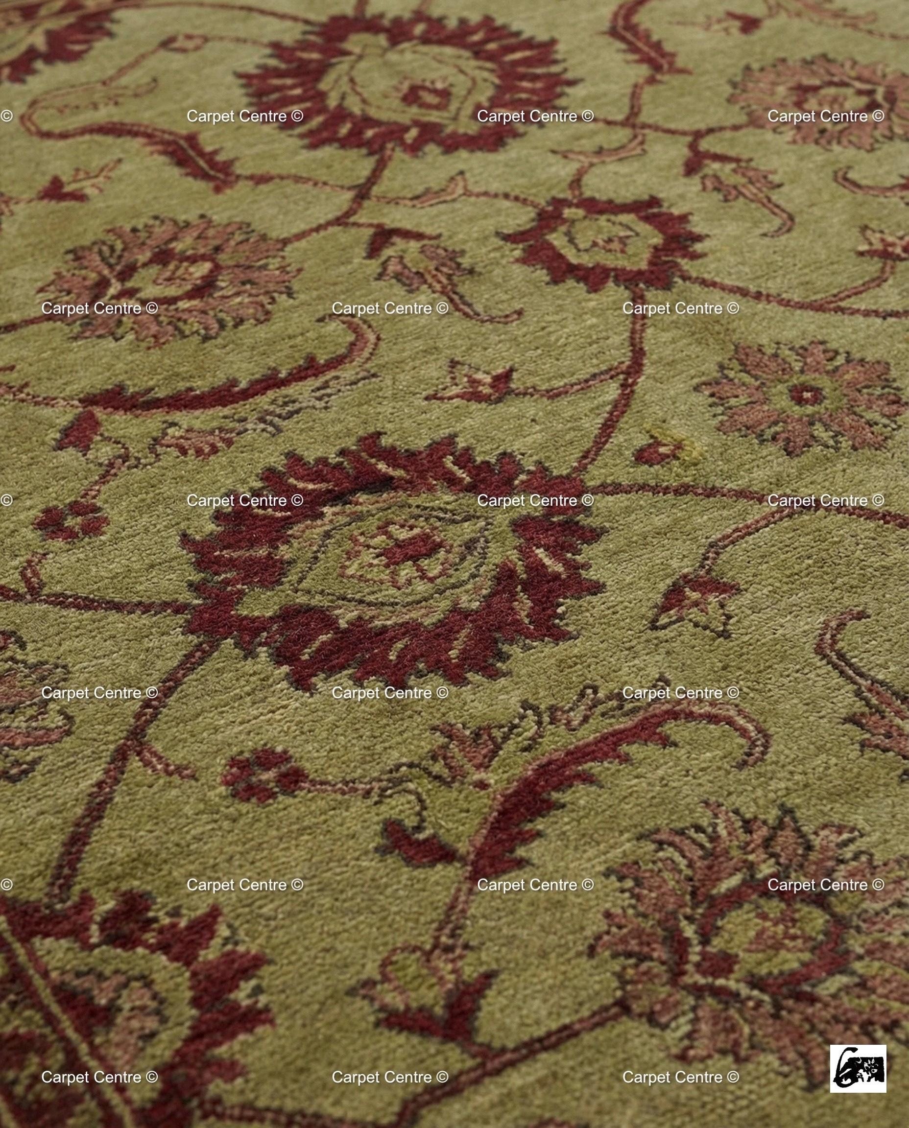 Hand-Knotted Wool Oushak Rug, Sage Green Floral, Arts & Crafts Style