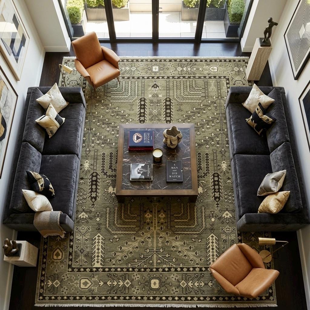 Hand Knotted Wool Oushak Rug, Olive Green Tree of Life Area Carpet