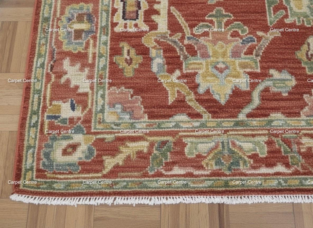 Hand-Knotted Terracotta Wool Runner Rug, Oushak Heriz Style, 2x10
