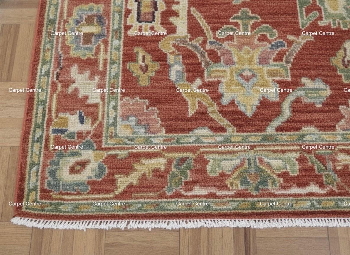 Hand-Knotted Terracotta Wool Runner Rug, Oushak Heriz Style, 2x10