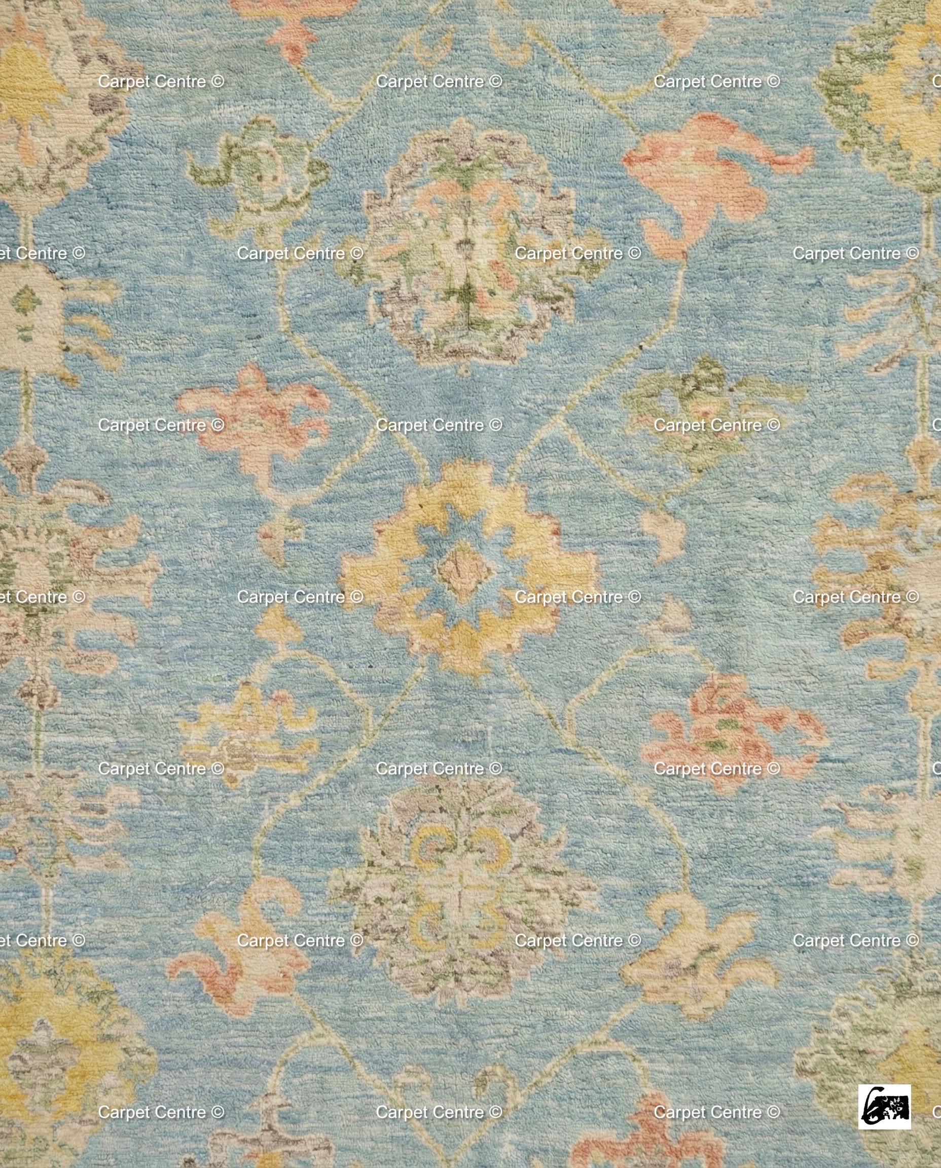 Handmade Sky Blue Oushak Wool Rug, Turkish Knot, Coastal Farmhouse Decor