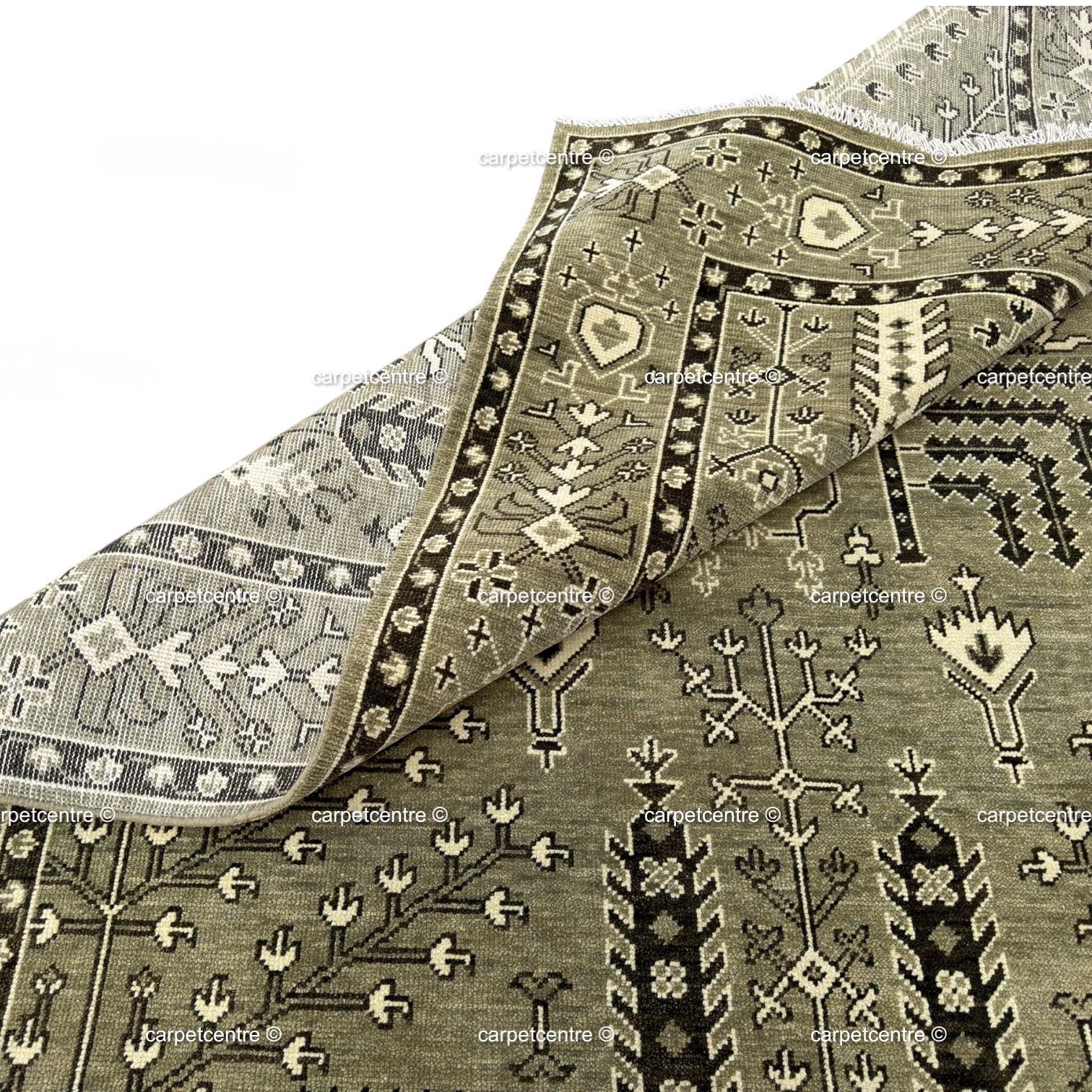 Hand Knotted Wool Oushak Rug, Olive Green Tree of Life Area Carpet