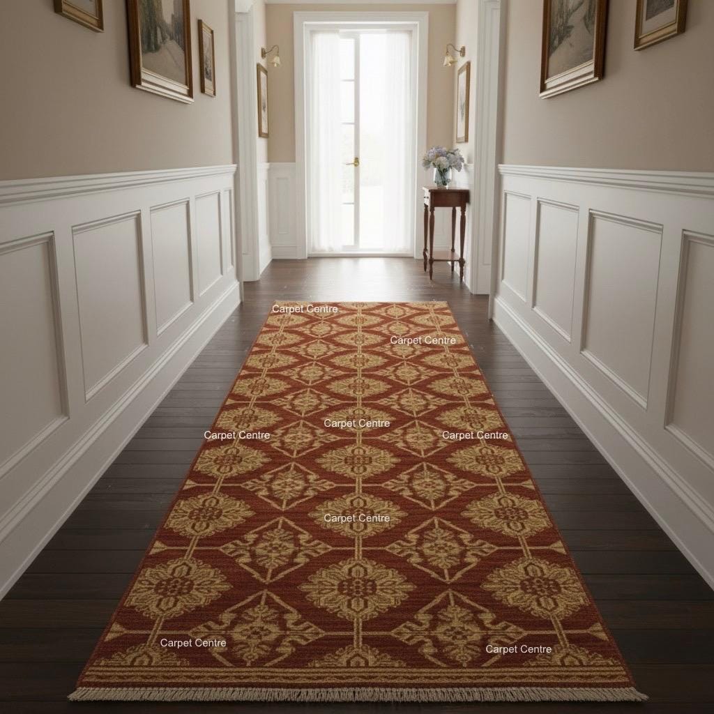 Hand-Knotted Terracotta Wool Runner Rug, Oushak Geometric Hallway Rug