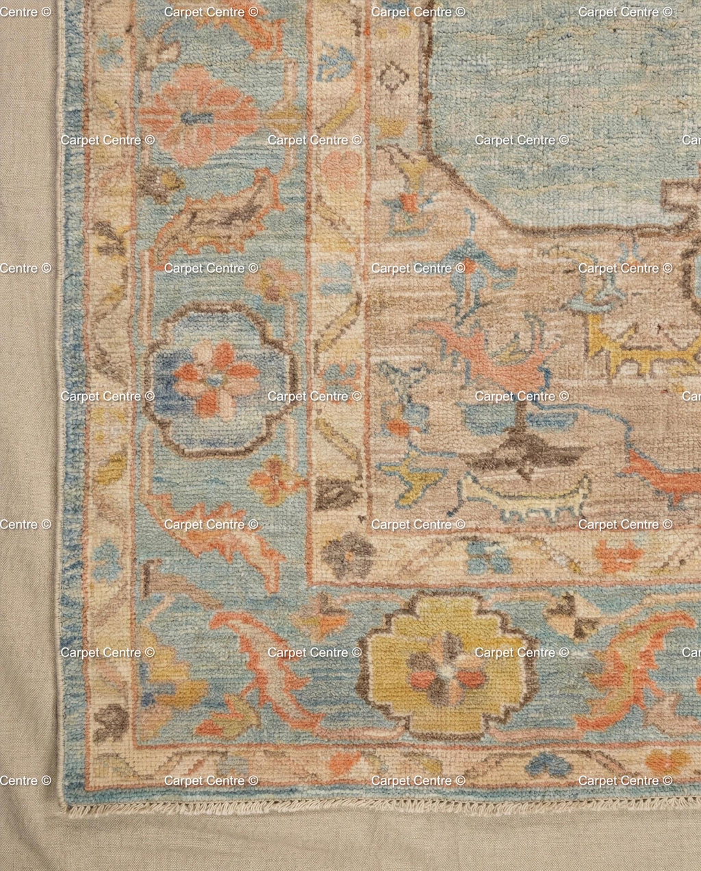 Handmade Oushak Wool Rug, Blue & Coral Medallion, Turkish Knot