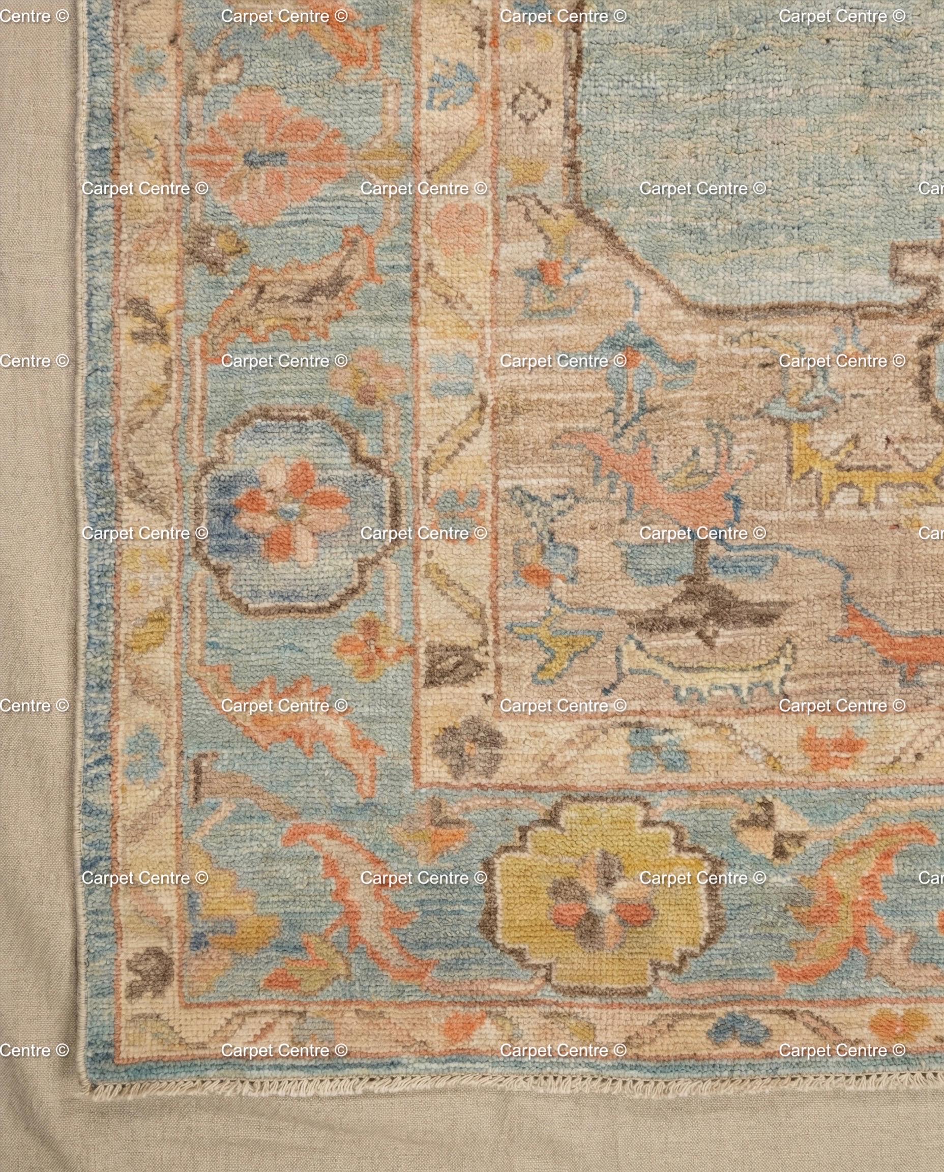 Handmade Oushak Wool Rug, Blue & Coral Medallion, Turkish Knot