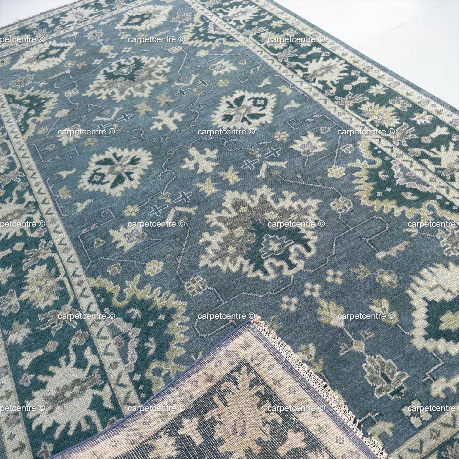 Muted Blue Oushak Rug | Vintage Geometric Turkish Wool Area Rug