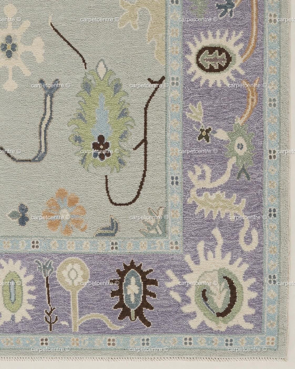 Hand Knotted Oushak Rug: Lavender Border, New Zealand Wool Carpet