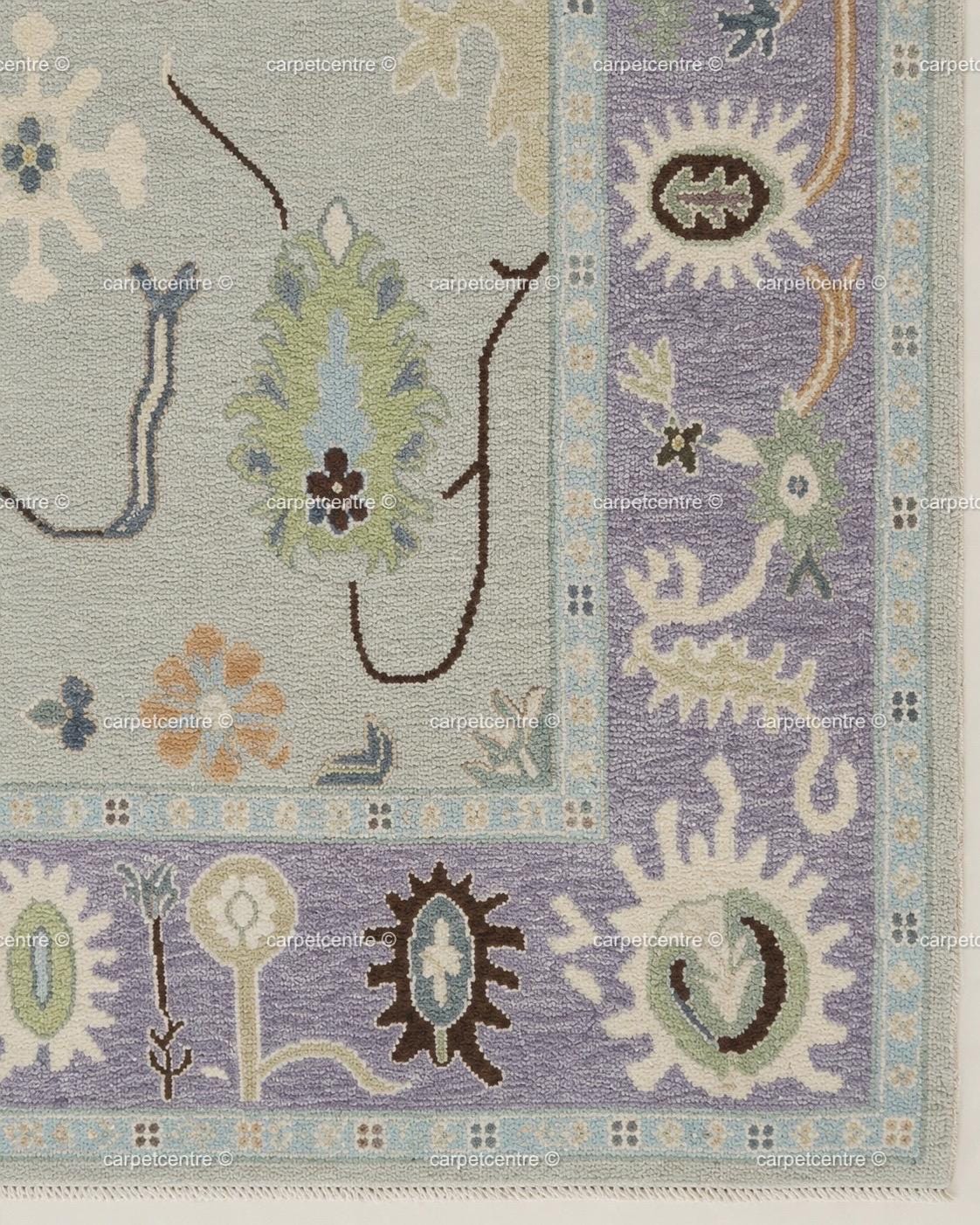 Hand Knotted Oushak Rug: Lavender Border, New Zealand Wool Carpet