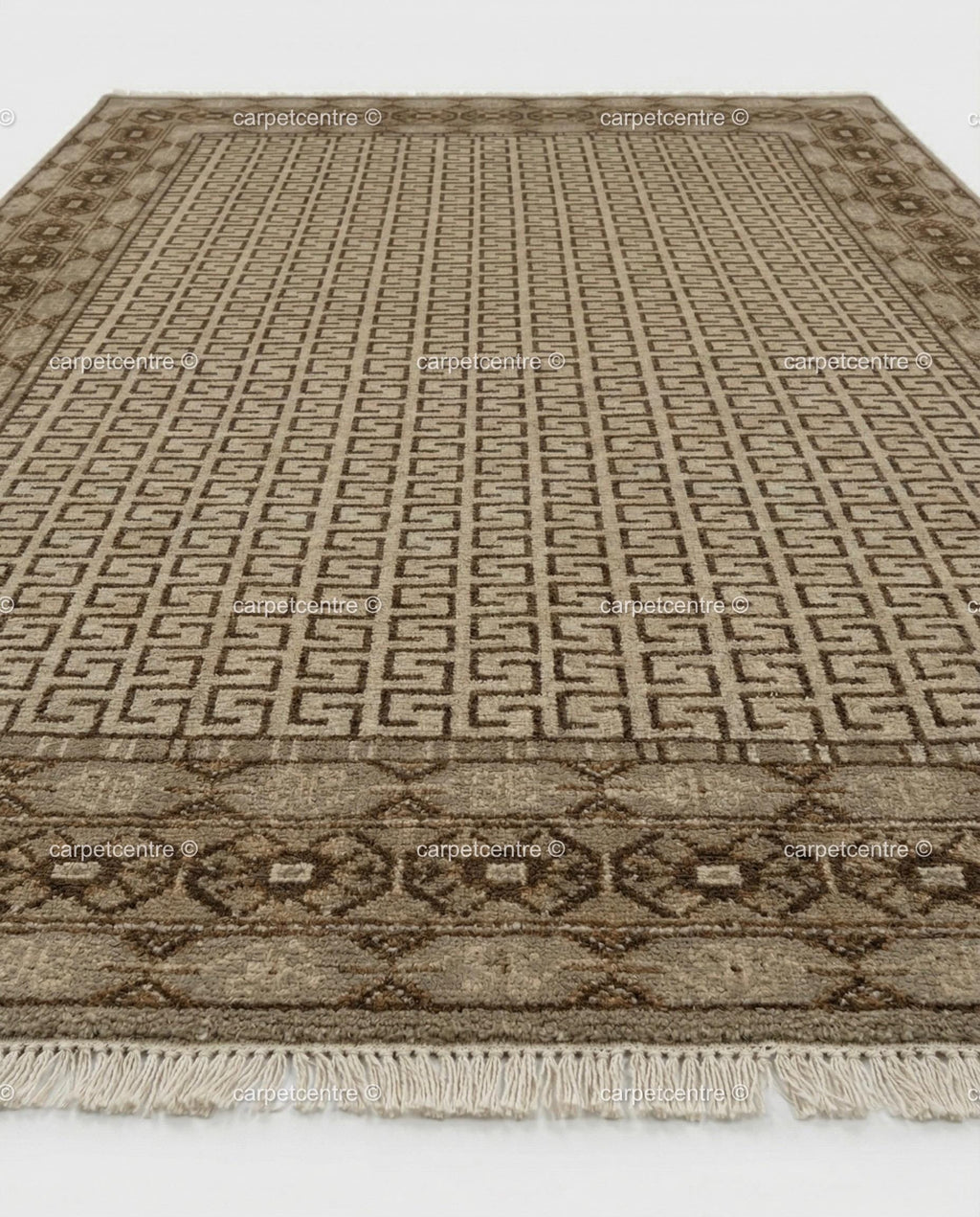 Neutral Geometric Oushak Rug | Beige Greek Key Wool Carpet (Custom Sizes)
