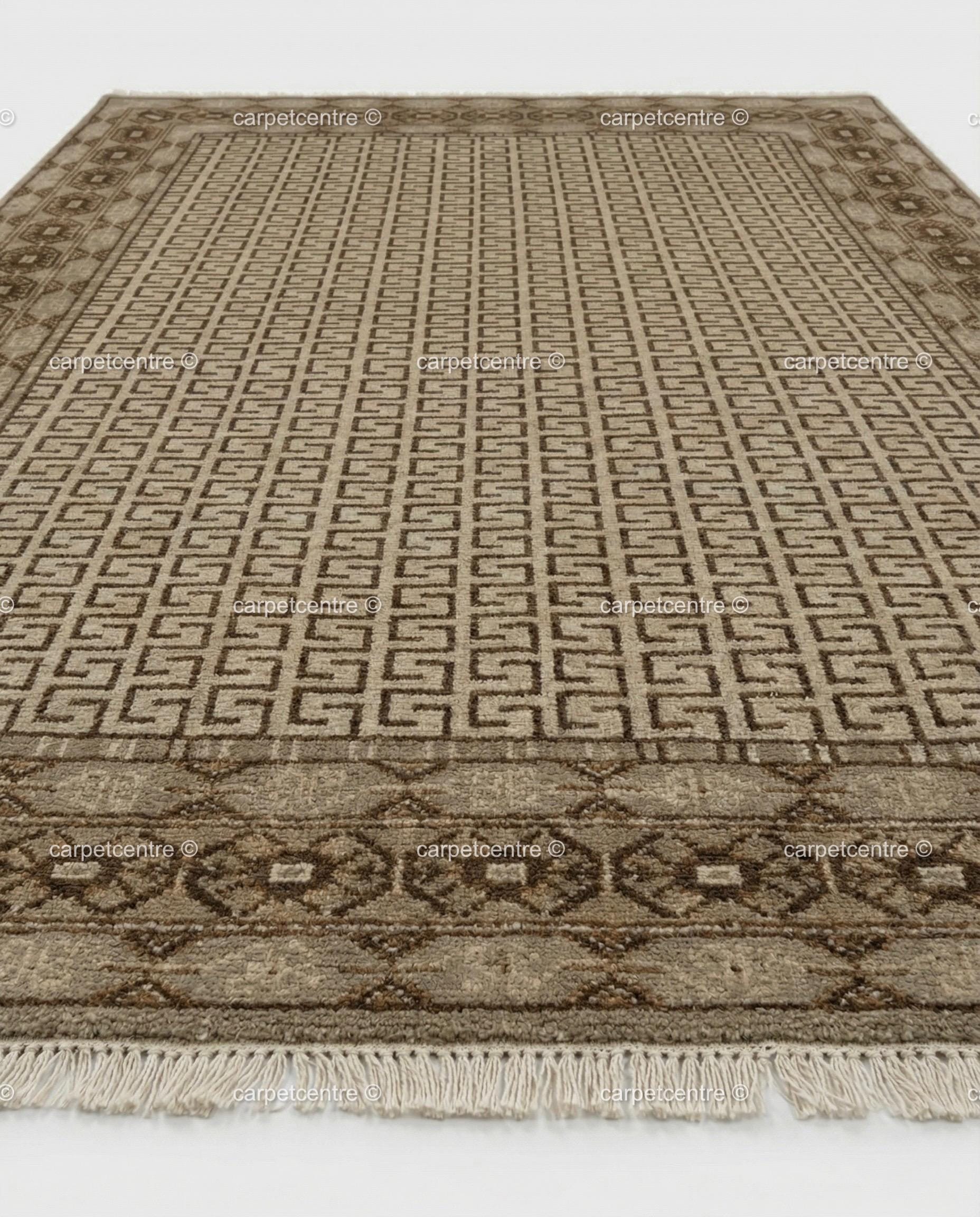 Neutral Geometric Oushak Rug | Beige Greek Key Wool Carpet (Custom Sizes)