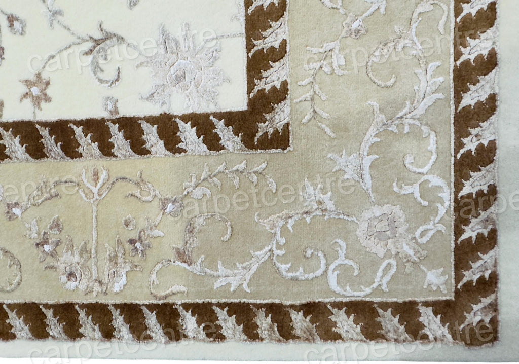 Vintage Beige Floral Wool Rug: Handwoven Indian Art Silk Carpet