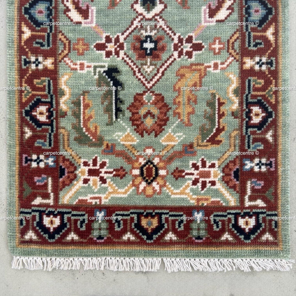 Hand Knotted Oushak Runner Rug, Sage Green New Zealand Wool, Custom Entryway Hallway Rug