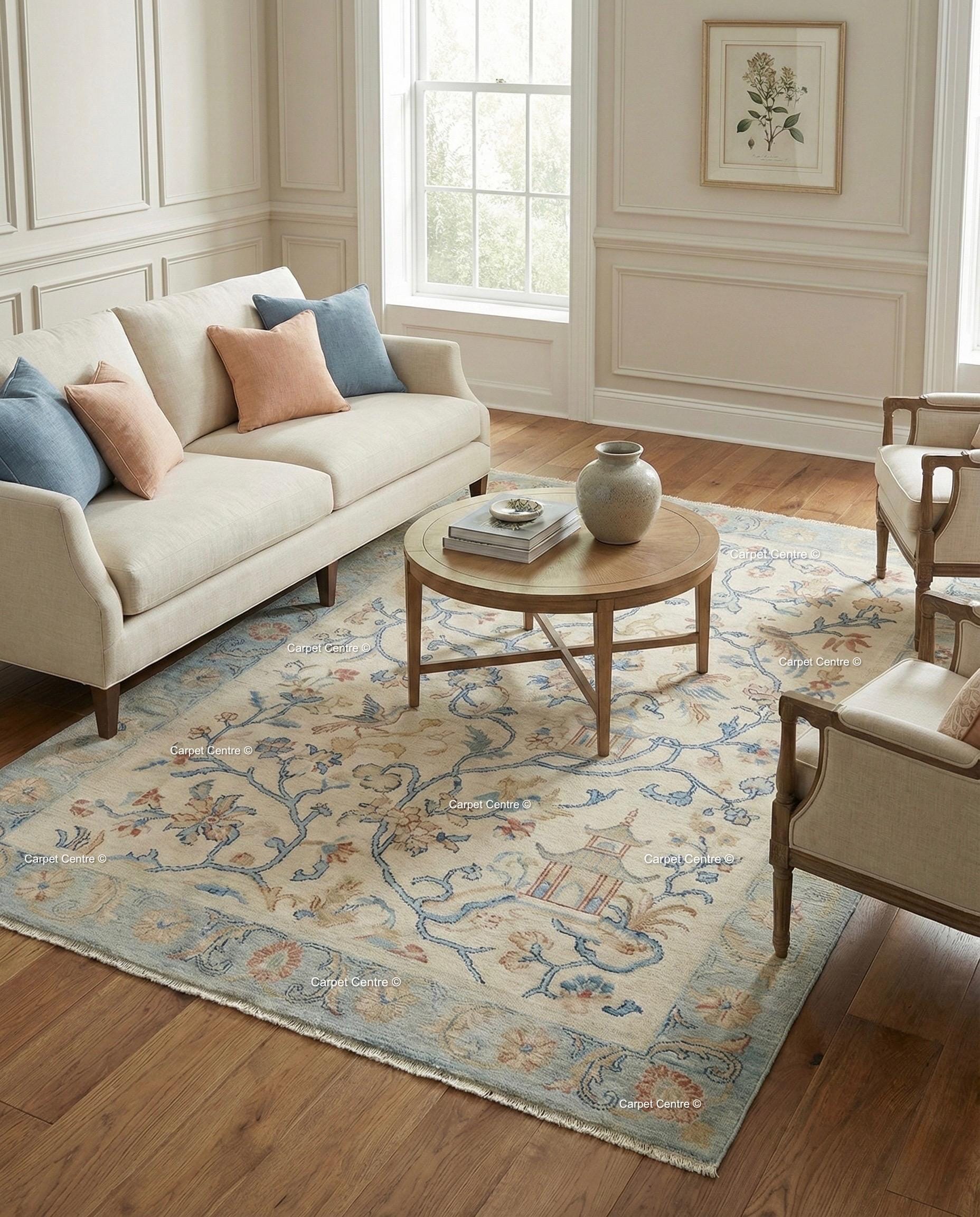 Hand-Knotted Wool Oushak Rug, Cream Chinoiserie Peking Design
