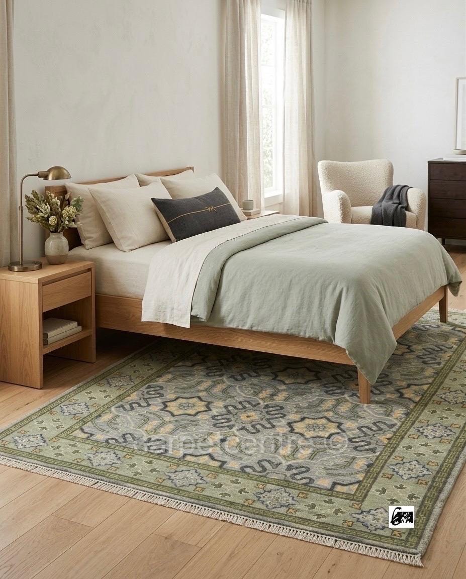 Hand Knotted Oushak Wool Rug | Sage Green Geometric Design