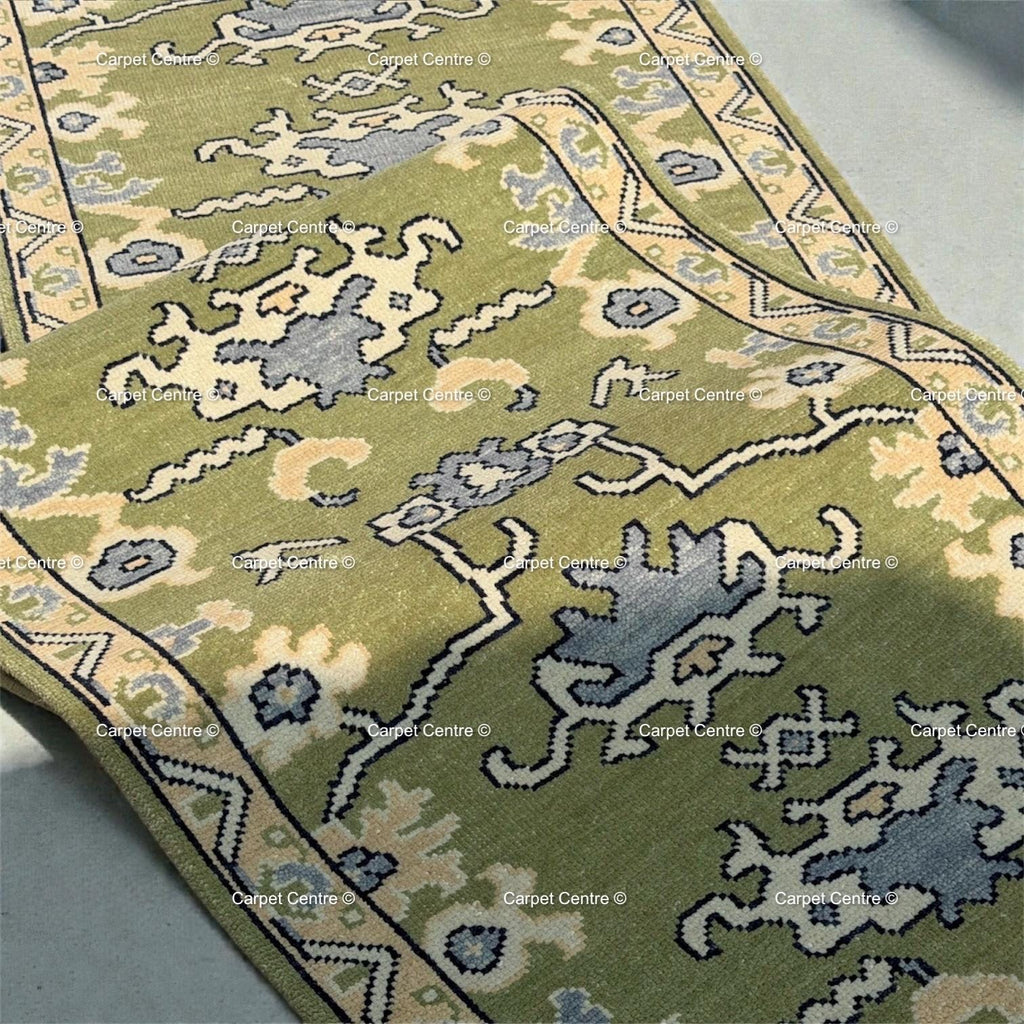 Olive Green Hand Knotted Oushak Wool Runner Rug Turkish Vintage Hallway Entryway Rug