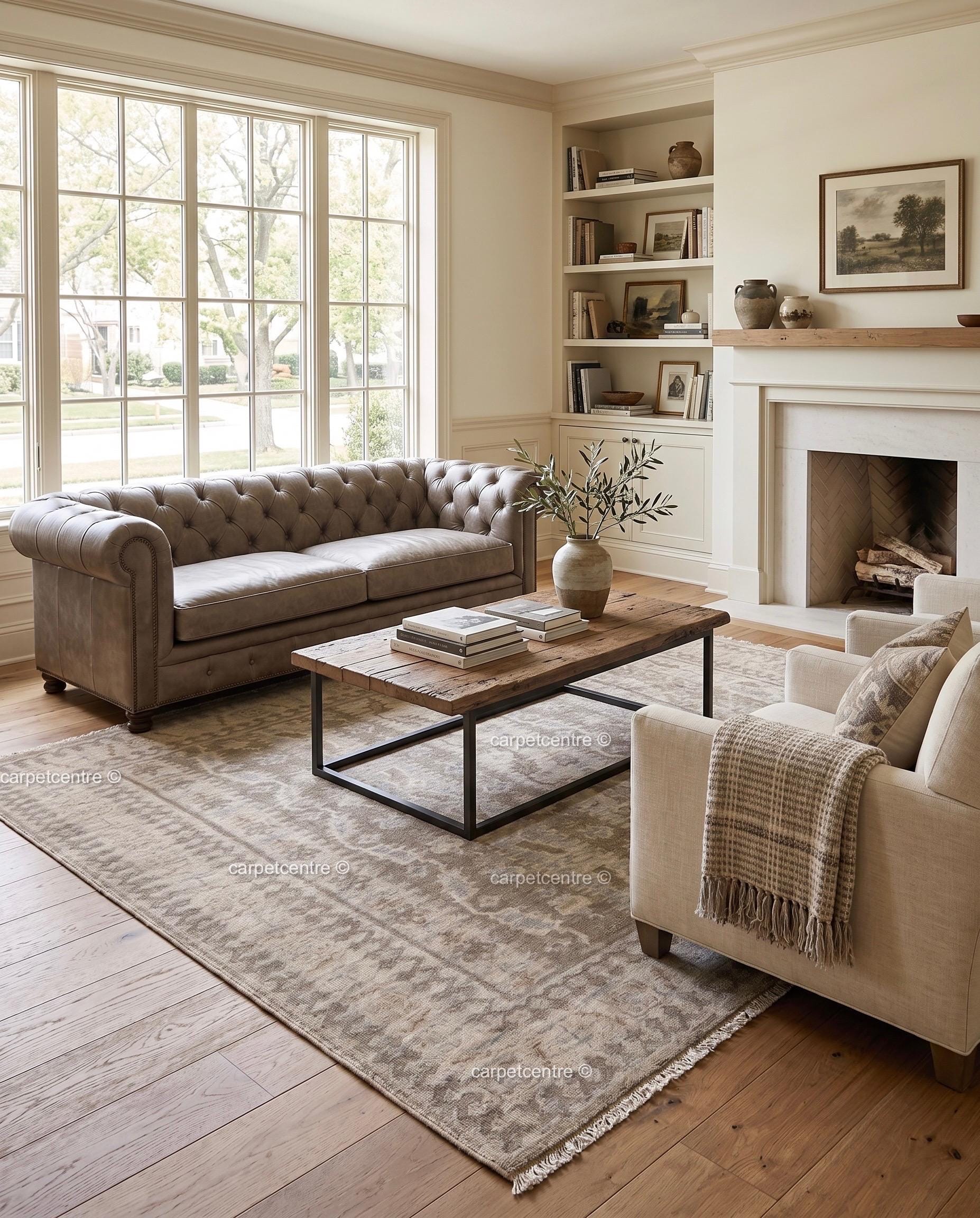 Hand Knotted Wool Oushak Rug, Neutral Beige Anatolian Carpet, Farmhouse Living Room Area Rug