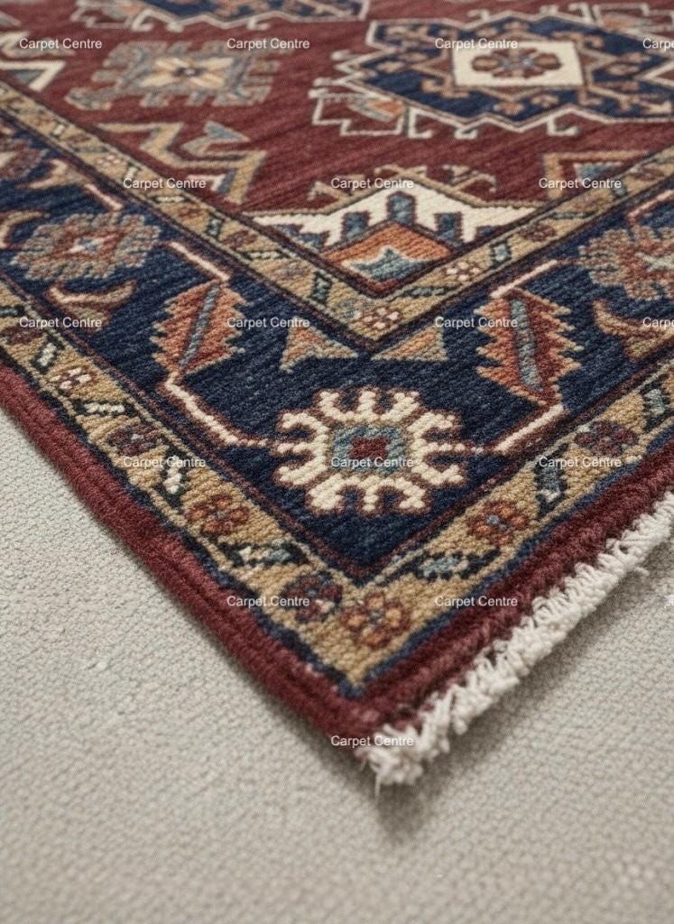 Hand-Knotted Red Oushak Wool Rug, Heriz Medallion, Navy Border